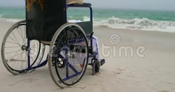 4k海滩坐轮椅的女性后视图视频的预览图