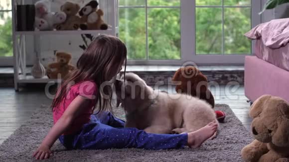 小孩子在地毯上玩小狗宠物视频的预览图