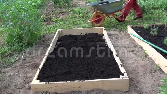 农民用手推车把黑土腐殖土浇到新的木架床上视频的预览图
