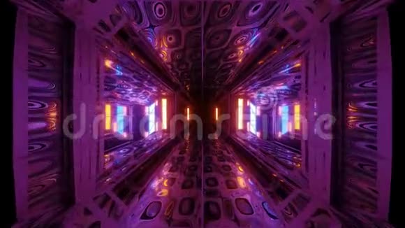 未来感空间飞机库隧道走廊三维插图与抽象的眼睛纹理运动背景壁纸视频的预览图