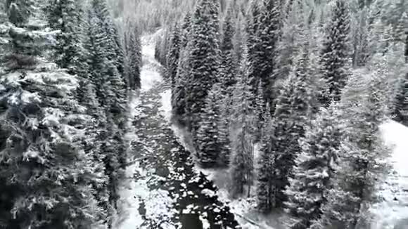 冬季雪覆盖的道路沿着溪流的边缘视频的预览图
