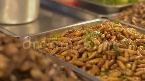 在当地食品市场的金属托盘中关闭煮熟的昆虫和蠕虫标志性的街头食物视频的预览图