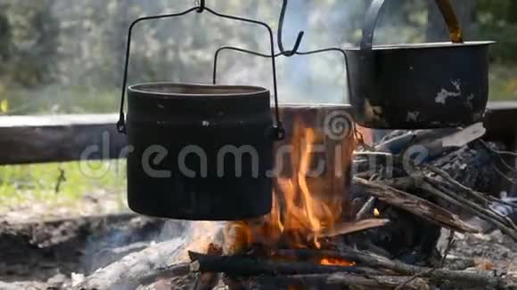 三个露营盆悬在明火上野餐时准备美味的食物视频的预览图