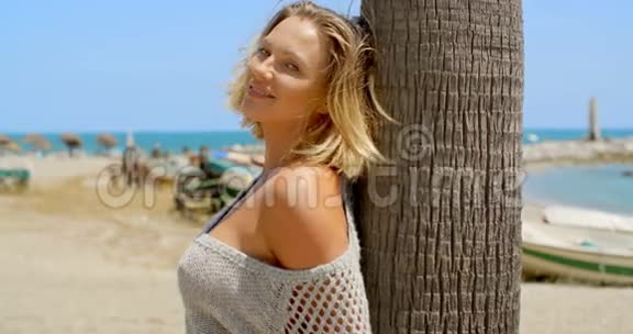 沙滩上的树旁边有风吹过头发的女人视频的预览图