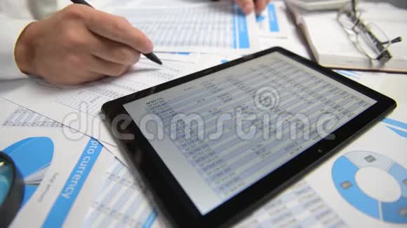 商人工作和计算读写报告使用平板电脑办公室职员桌子特写商业金融学视频的预览图