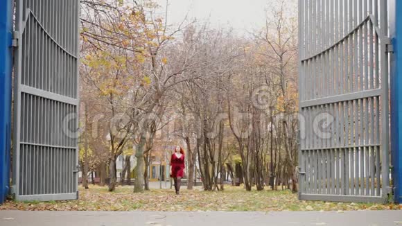 一个女孩通过一扇大门进入公园视频的预览图