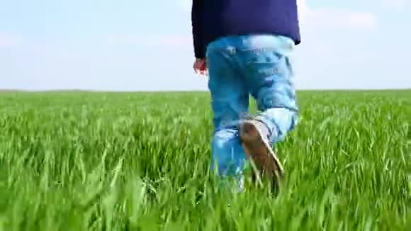 一个小孩子在绿草上奔跑儿童脚特写视频的预览图