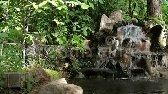 小的装饰喷泉或瀑布的石头流入装饰池塘视频的预览图