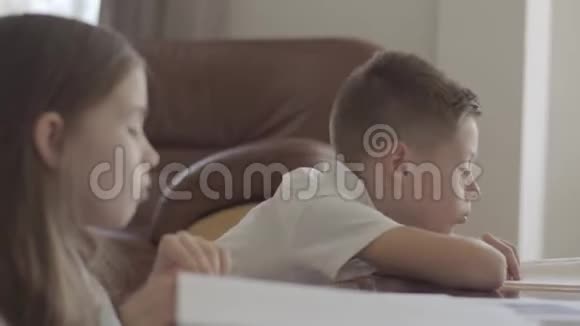 妹妹和她疲惫的弟弟双胞胎在笔记本上留下的肖像课后作业累坏了视频的预览图