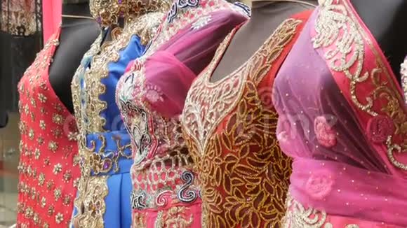 美丽奢华五彩喜庆的喜庆婚礼印度女子国服手工刺绣的人体模型纱丽视频的预览图