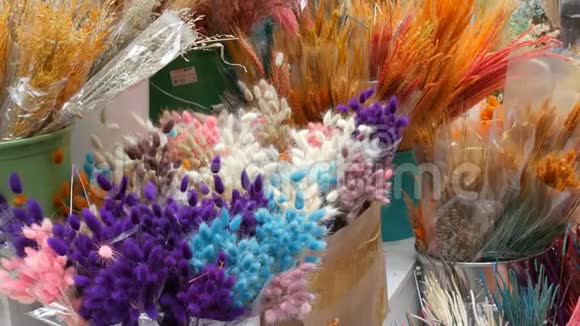 伊斯坦布尔土耳其2019年6月12日干燥五颜六色的花和小穗以创造花束在柜台上视频的预览图
