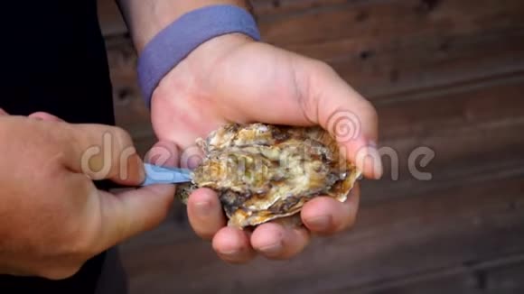 男性用特殊的牡蛎刀打开牡蛎视频的预览图