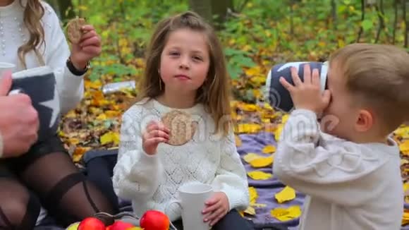 儿子和女儿正坐在秋天的野餐上视频的预览图