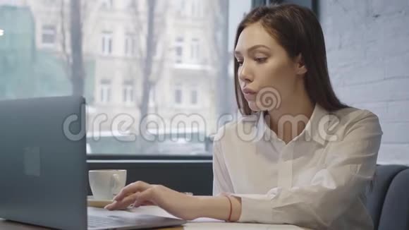 肖像集中了漂亮的年轻女人使用她的笔记本电脑坐在靠近窗户的桌子在咖啡馆可爱的成功女孩视频的预览图