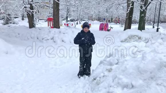 一个男孩在下雪的冬季公园玩雪球童年休闲和季节概念视频的预览图