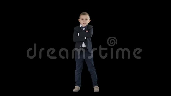 小男孩穿着正式服装双手交叉阿尔法频道视频的预览图
