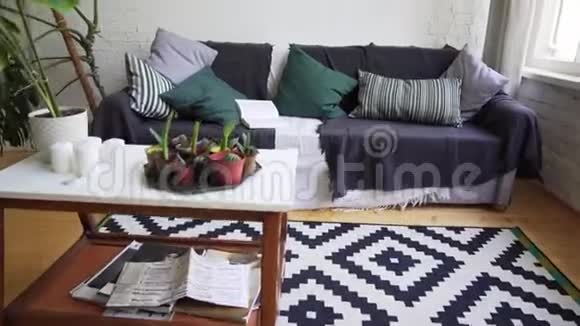舒适的生态友好型公寓木质地板和天然材料在设计中沙发和咖啡桌视频的预览图