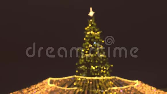 美丽闪烁的圣诞树在广场的夜晚模糊视频的预览图