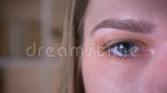 年轻的黑发女性眼睛看着相机眨着眼睛特写半张脸拍摄视频的预览图