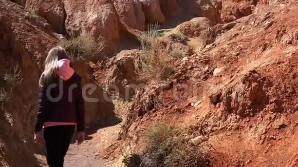 一个女孩正沿着峡谷散步视频的预览图