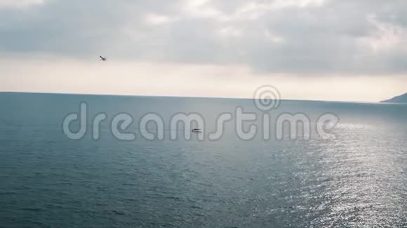 海洋天空和海鸥在蓝色的水面上远距离飞翔的景象视频的预览图