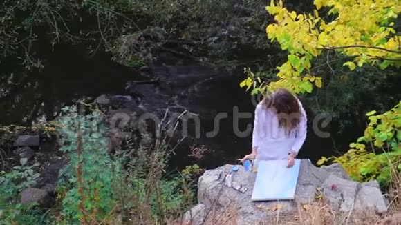 艺术家女孩坐在岩石上作画视频的预览图