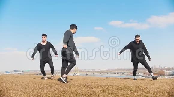 三个年轻人在草地上同步表演杂技视频的预览图