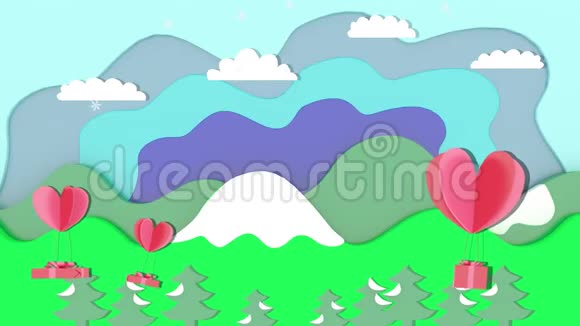 圣诞动画有雪一个有飘心的礼盒背景是树木山脉和天空的图形视频的预览图