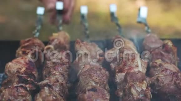 户外开放式烤架上烤肉合拢男性手转动肉串视频的预览图
