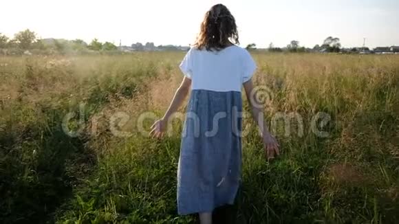 女人走过田野手在夕阳下触摸高高的草地慢悠悠的动作视频的预览图