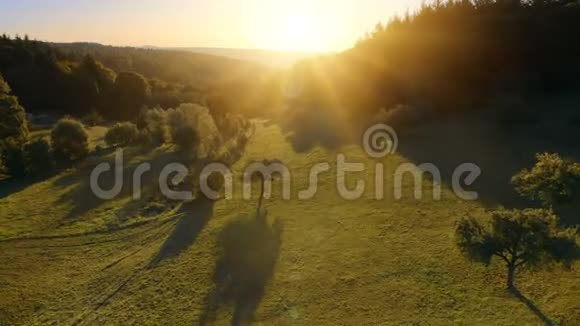 壮观的日出覆盖绿色景观空中镜头视频的预览图