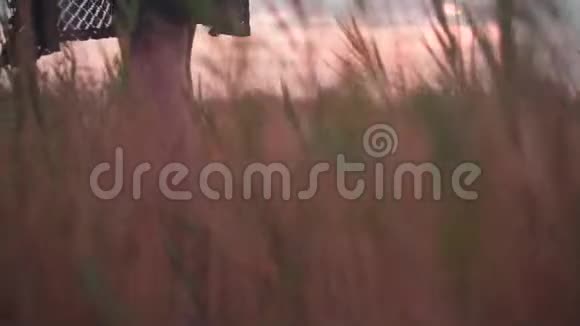 一个穿裙子的女孩走在岩石地上干草之间赤脚的女孩感觉与自然的接触视频的预览图