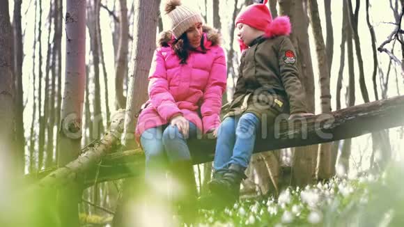 在春天的森林里在雪地里一个年轻的女人和一个十几岁的女孩坐在一根木头上一根大树枝视频的预览图