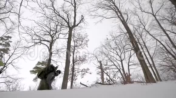 疲惫的游客在冬天的白天偷偷溜过森林里的雪从雪堆上向外倾斜视频的预览图