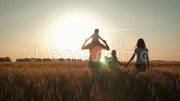 在温暖的夏日傍晚一家人在夕阳下的麦田里散步小儿子坐在父亲的肩上视频的预览图