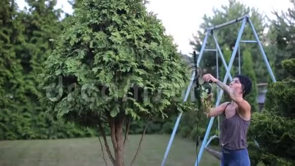 园丁正在修剪一棵高大的灌木视频的预览图