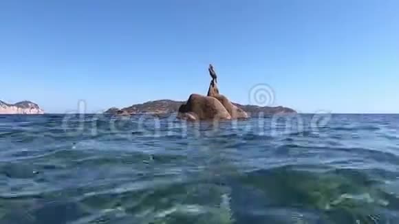 在清澈的大海和蓝天中间的花岗岩岩石上在水面上近距离拍摄视频的预览图