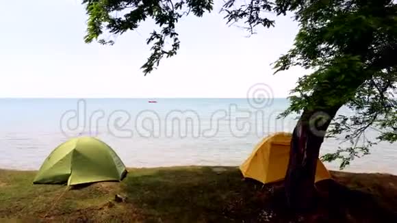 两个露营帐篷位于岸上大自然中活跃的户外度假视频的预览图