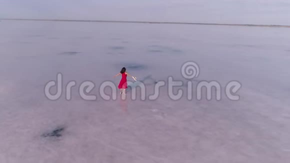 穿着红色裙子的女旅行者走在粉红色的湖上空中景色视频的预览图