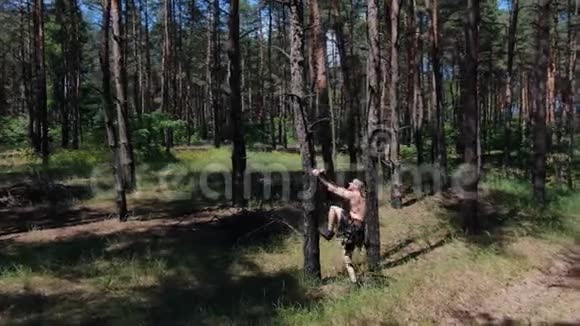 一个肌肉发达的野蛮人正在爬树空中拍摄的画面是4k视频的预览图