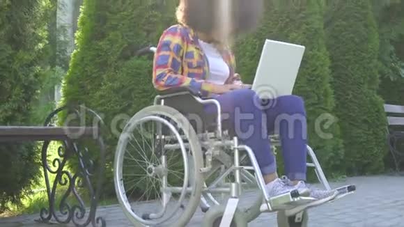 有非洲发型的非裔美国妇女轮椅残疾在公园里使用笔记本电脑晒太阳视频的预览图