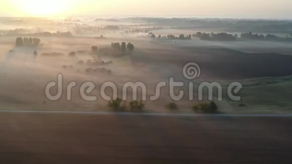 夏日的日出和美丽的晨雾笼罩在柏油路和农田上视频的预览图