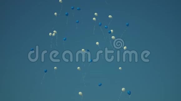 假日气球在蓝天上飞翔天空中有白色和蓝色的生日气球视频的预览图