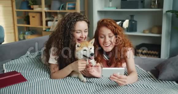 快乐的朋友在沙发上用智能手机自拍可爱的小狗视频的预览图