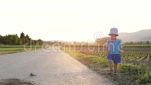 一个快乐的孩子正沿着绿色的田野旁边的路走快乐的男孩跑着笑视频的预览图