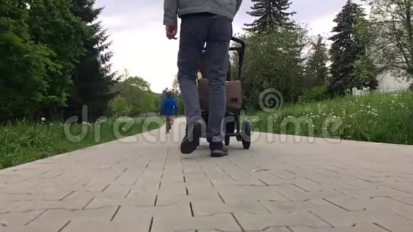 爸爸走在公园的小径上推着婴儿车视频的预览图