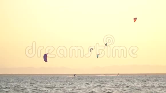 海上的风筝手们正乘风滑翔进行极限水上运动视频的预览图