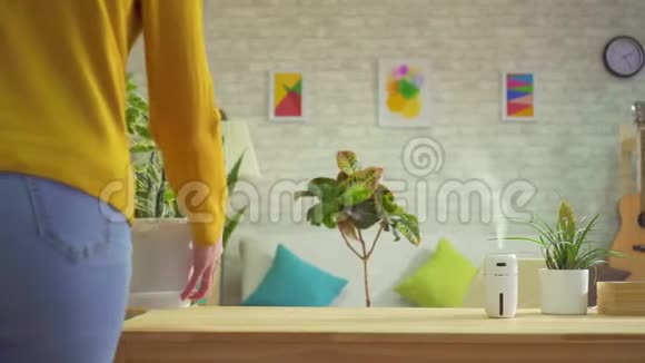 在家里照顾植物的女人在空气加湿器的背景下视频的预览图