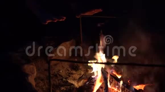 晚上男人在户外的篝火上温暖寒冷的双手在大自然中露营时人们在篝火旁温暖手掌视频的预览图