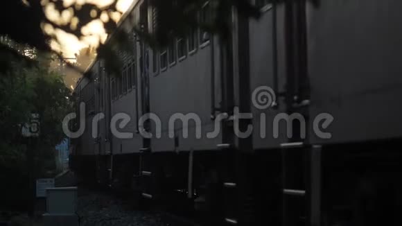 灰色的火车在日落时缓慢行驶过绿树视频的预览图